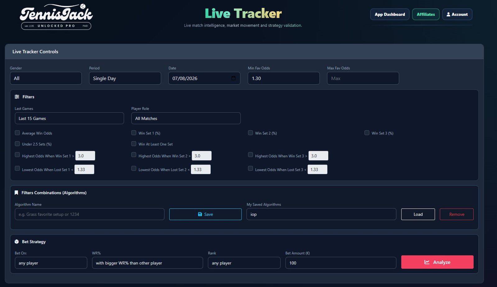 TennisJack Live Tracker controls with date, gender, favorite odds, filters, saved algorithms and analyze button
