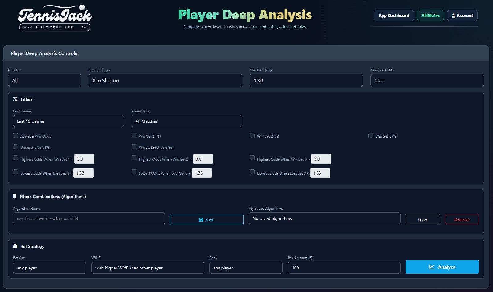 Player Deep Analysis controls with tennis player search, odds range filters, saved algorithms and analyze button