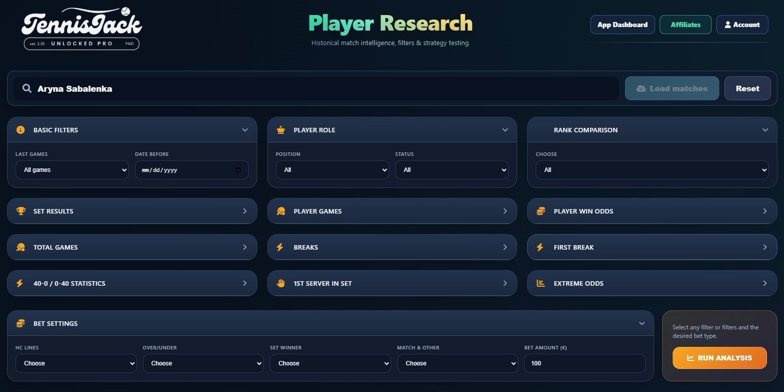 TennisJack Player Research page with player search, filters, player role, rank comparison and bet settings