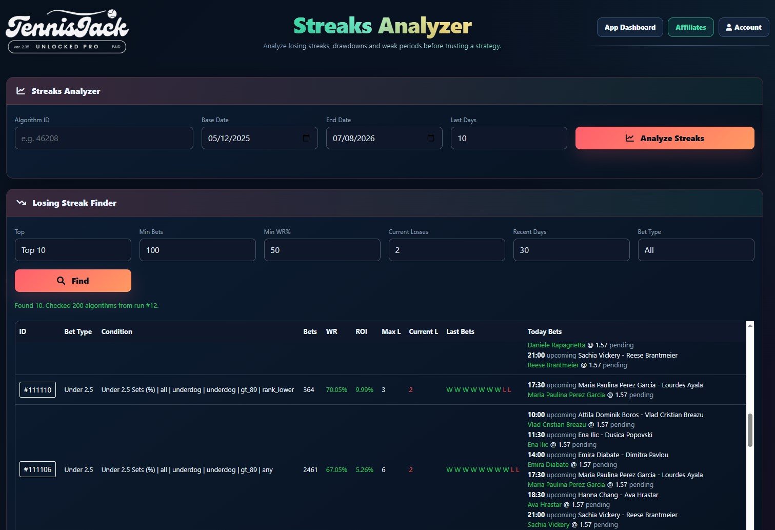 TennisJack Streaks Analyzer showing algorithm ID controls, losing streak finder, current losses, ROI and today matches