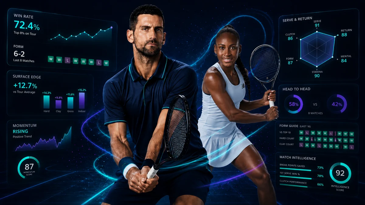 TennisJack tennis analytics homepage visual with professional players, form trends, head to head data and match intelligence